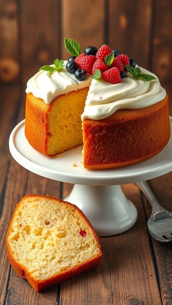 A golden four egg cake with vanilla frosting and fresh berries on a rustic table.
